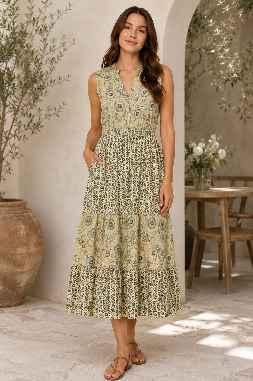 MAGARI NWT Size Medium Pale Blue Floral Print Tiered Sleeveless Midi Maxi Dress